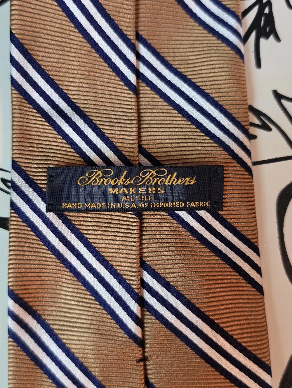 Brooks Brothers Makers Tie Silk Mens Repp Stripe Gold Navy White 59 x 3.75 USA